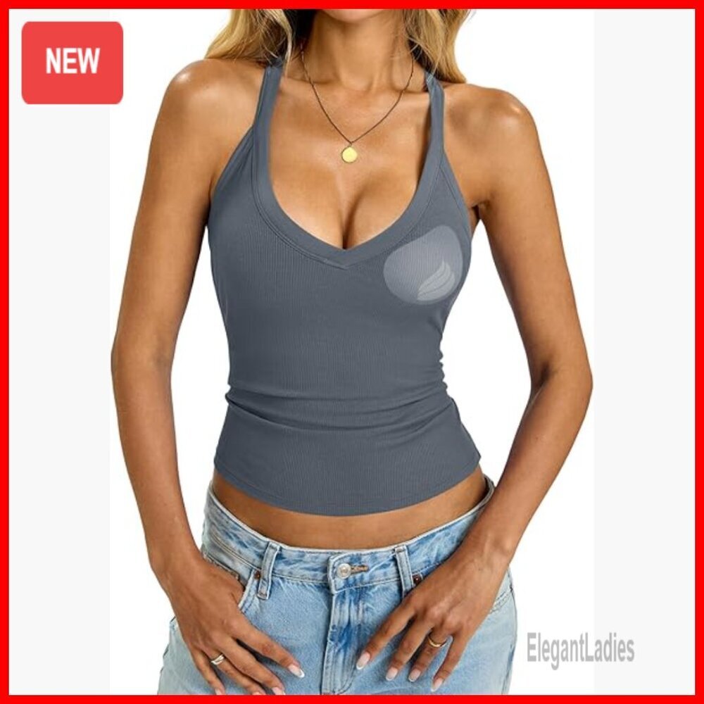 Slim Fit Ribbed Tank Top with Built-In Bra, Removable Pads, V-Neck